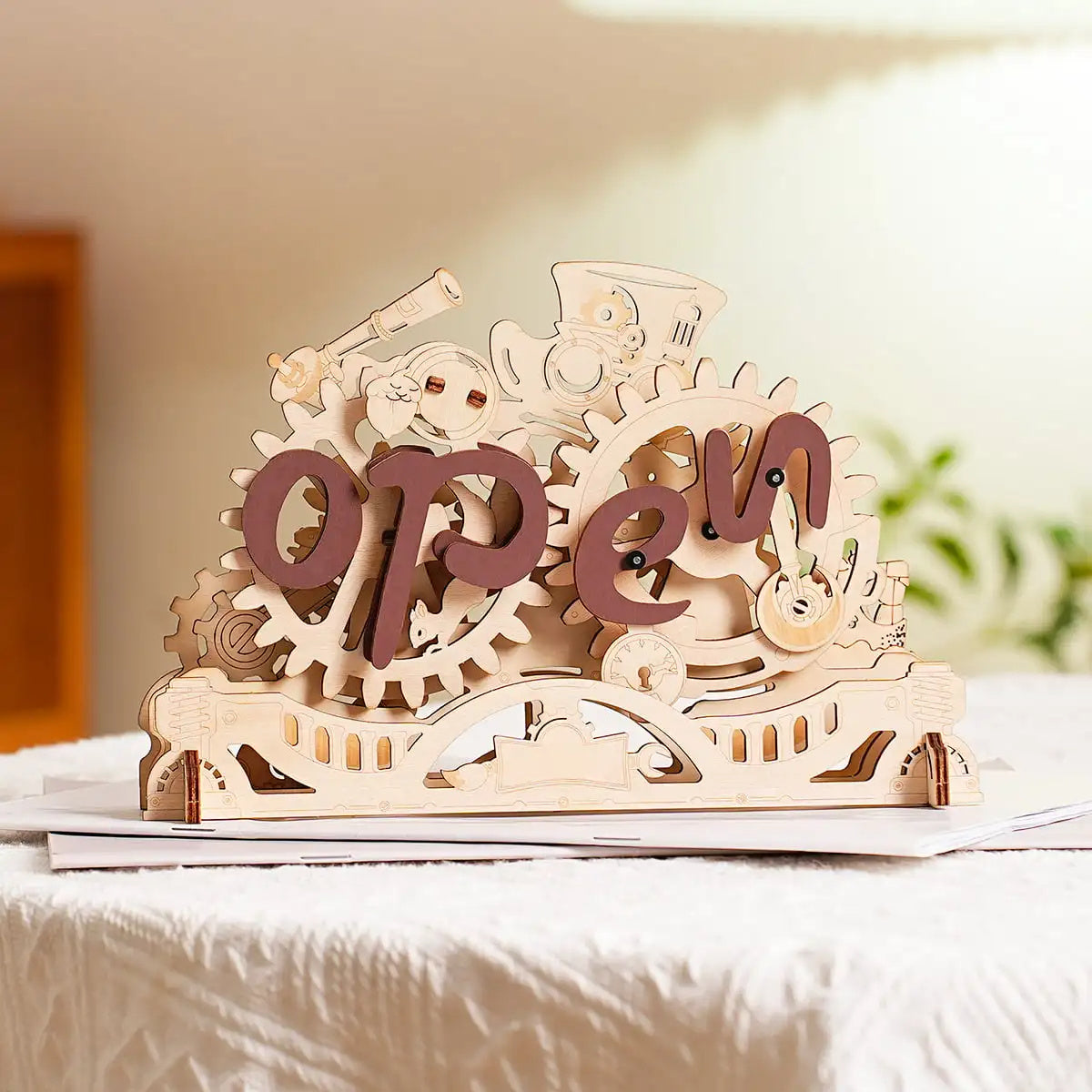 Open & Closed” 3D Wooden Gear Puzzle Sign – Build, Turn &amp; Display