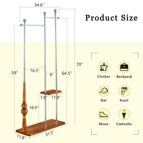 70” Industrial Solid Wood & Stainless Steel Coat Rack