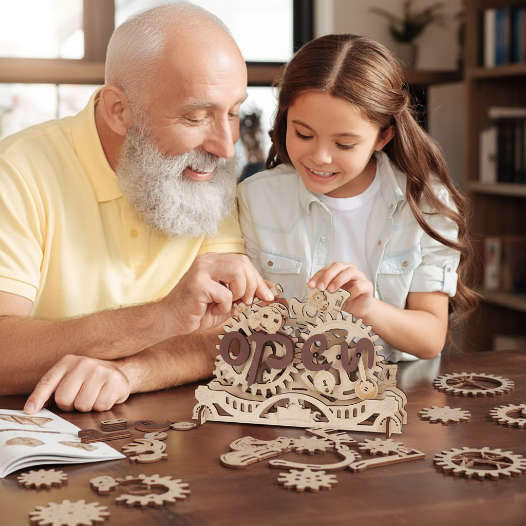 Open & Closed” 3D Wooden Gear Puzzle Sign – Build, Turn &amp; Display