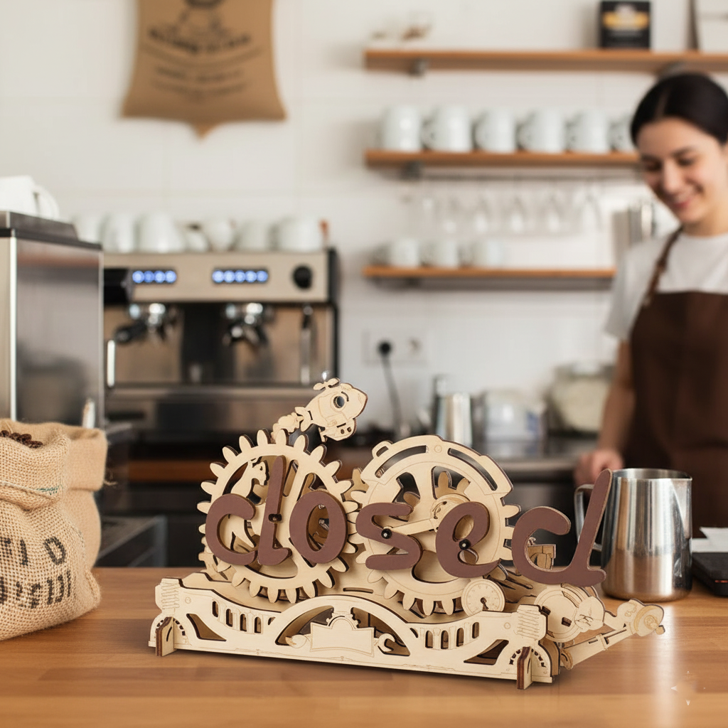 Open & Closed” 3D Wooden Gear Puzzle Sign – Build, Turn &amp; Display